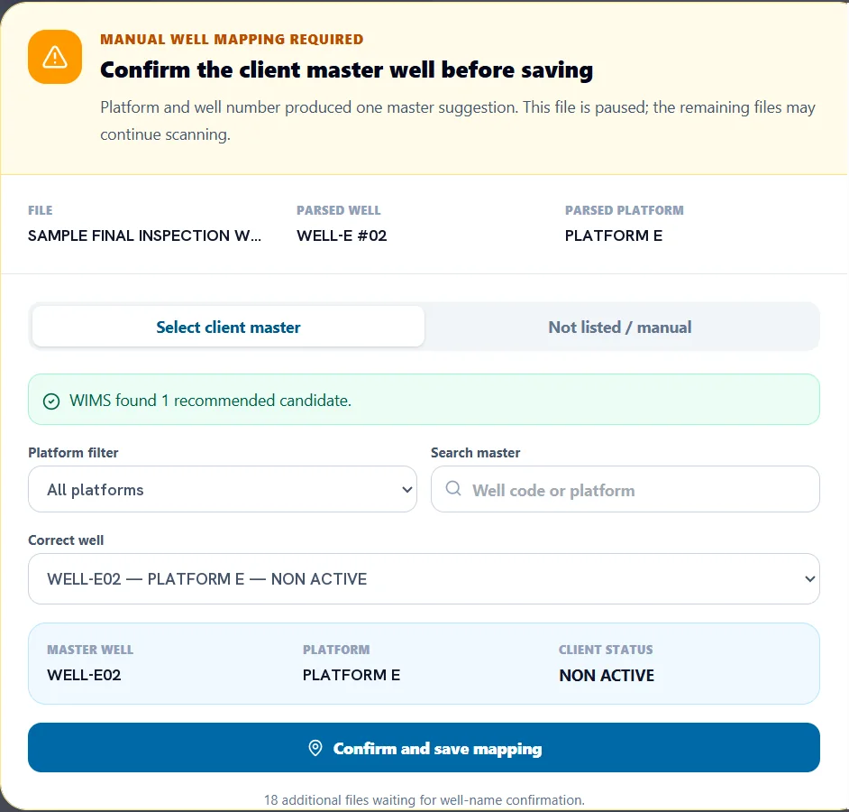 WIMS dialog: Manual well mapping required — Confirm the client master well before saving. It shows the parsed well and platform, one recommended master-list candidate, platform filter and search, the selected correct well, and a Confirm and save mapping button. A note says additional files are waiting for well-name confirmation.